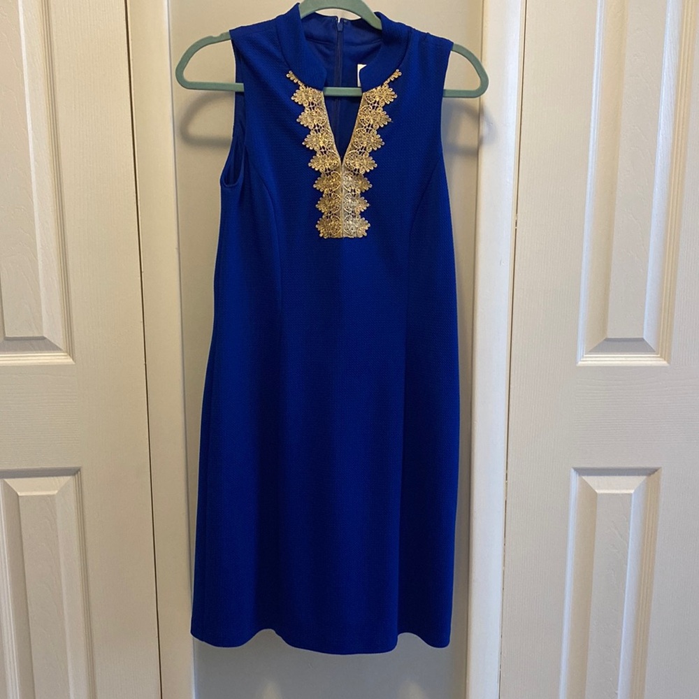 Royal Blue Dress Gold Trim Pappagallo 6 Exc
